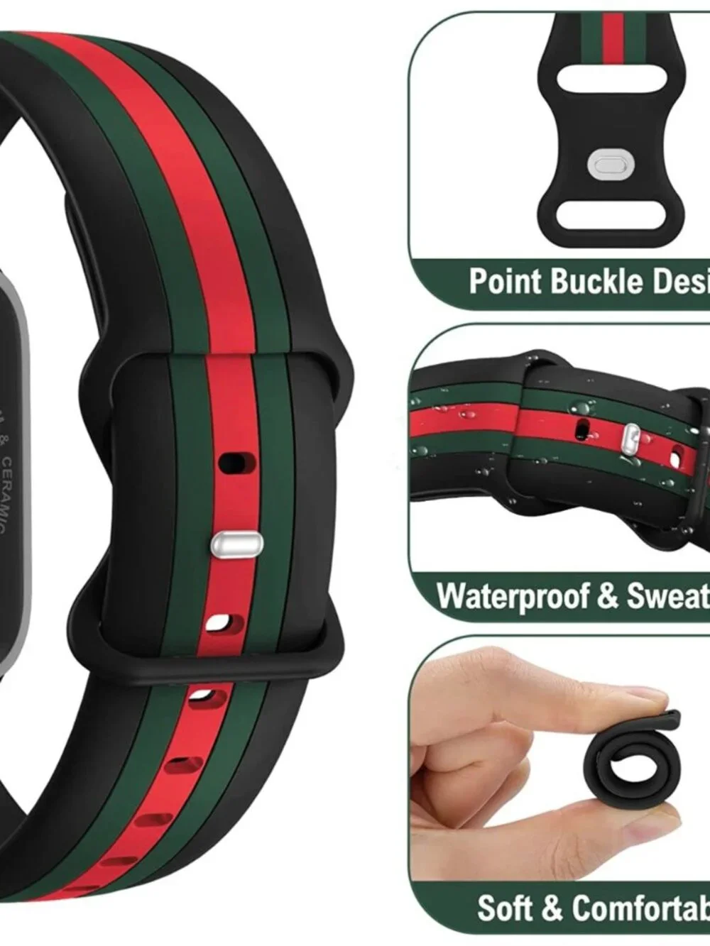 Silicone Watch Band- Black w/green/red stripe